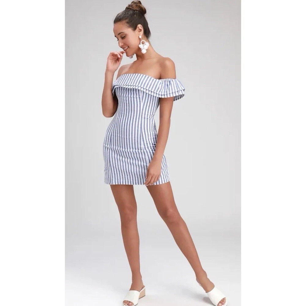 Lulus Seaside Skipper Blue White Striped Off Shoulder Mini Dress XS NWT